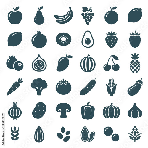 Variety of Healthy Fruits, Vegetables, Grains, and Nuts Icons
