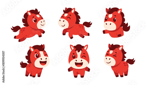 Collection of Six Red Cartoon Horses in Playful Poses keywords winking