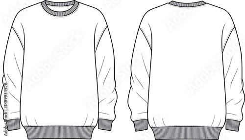 Plain sweatshirt front and back view, round neck, ribbed cuffs and hem, long sleeve apparel technical fashion flat cad illustration