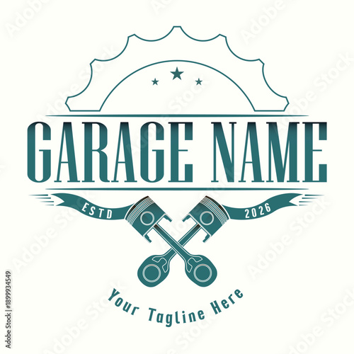 Vintage garage logo with crossed pistons and gear silhouette in teal. Retro automotive repair service emblem for workshop branding and car culture