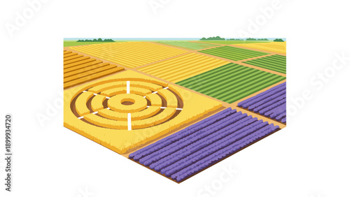Isometric farmland design with crop circle and vibrant lavender fields