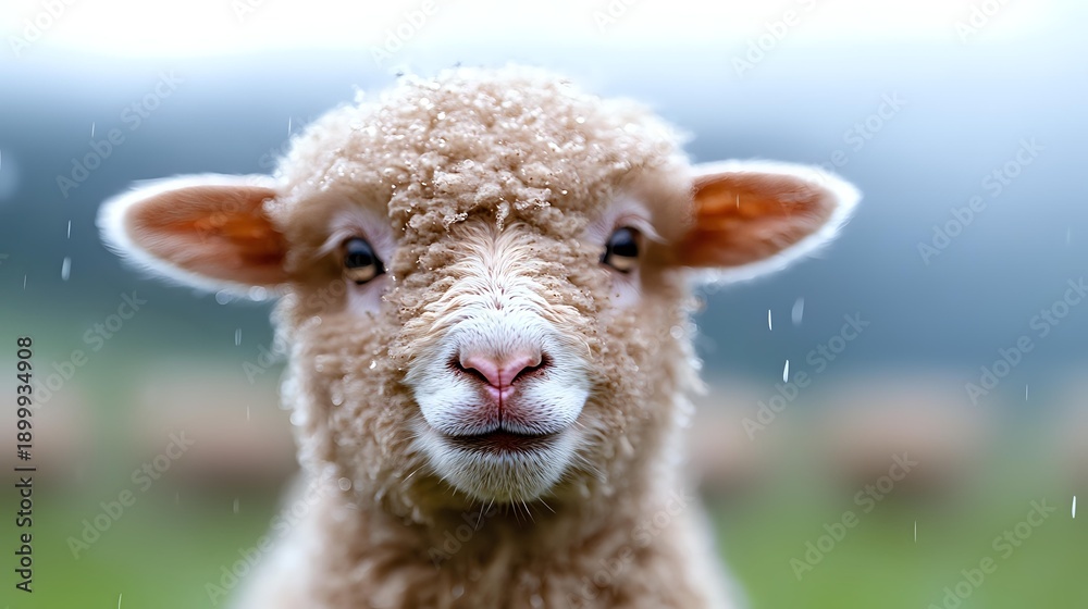 Obraz premium Adorable young lamb with fluffy wool coat standing in green pasture during gentle rainfall, farm animal portrait for agricultural and rural lifestyle content.