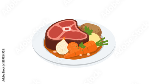 Delicious meal with beef steak and vegetables on plate in flat style