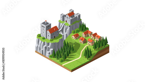 Isometric medieval castle and village on a hill with pine trees