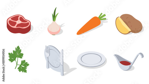 Isometric food and kitchen objects: steak, vegetables, utensils, and sauce