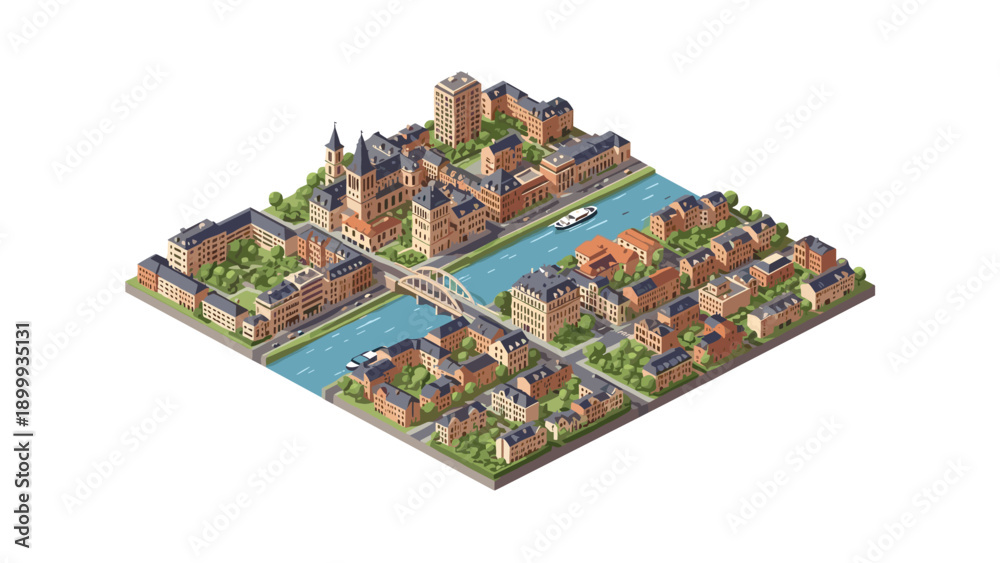 Fototapeta premium Charming isometric urban landscape with river and historic architecture