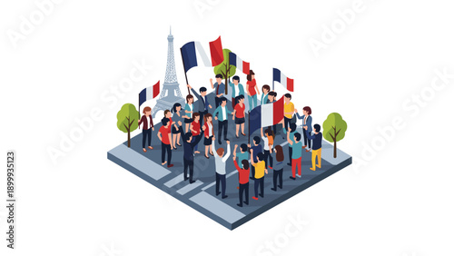 Isometric parisian celebration with eiffel tower and french flags