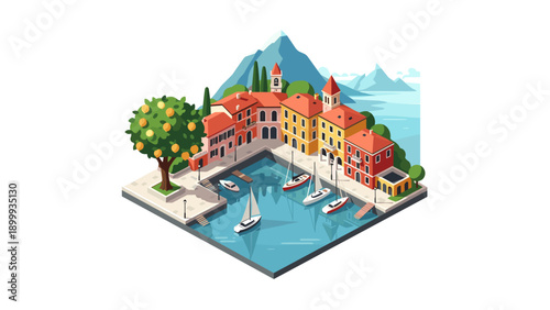 Isometric mediterranean village with seaside harbor and colorful houses