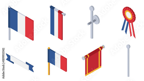 Isometric french flag icon set with banners and ribbons for celebrations and events