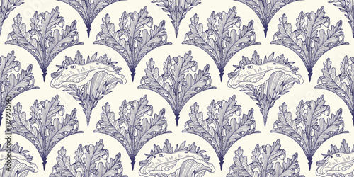 A hand-drawn seamless pattern of oak leaves, nuts, and chanterelle mushrooms. Vector pattern for wallpaper, textiles, wrapping paper, and graphic design. Vector banner ESP 10.