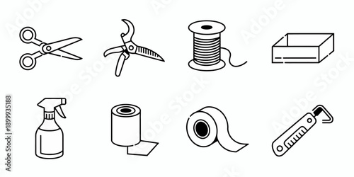 Black and white line drawing of various office and crafting supplies on white background