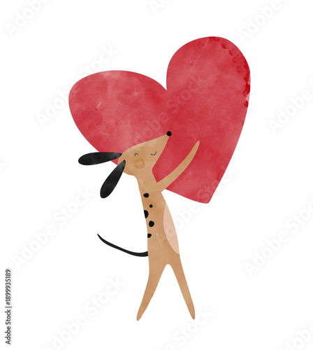 Cute Valentien's Day or Birthday Vector Card with Dog and Heart. Funny Dog ​​Holding Big Red Heart. Lovely Hand Drawn Nursery Art with Sweet Puppy, ideal for Card, Kids Room Decoration.	
