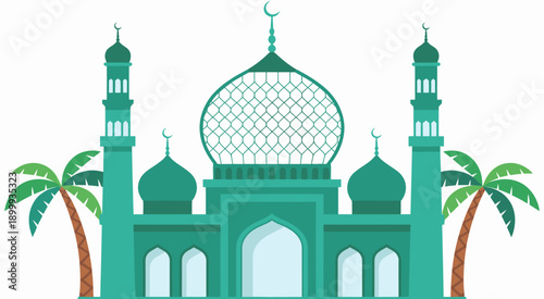 Teal mosque building with domes and minarets and palm trees  Islamic architecture