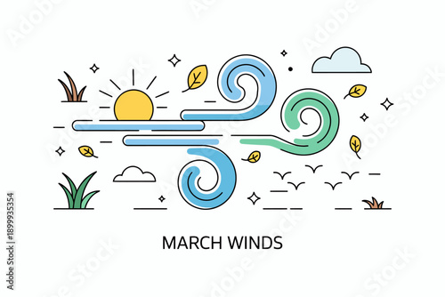 March winds spring season weather illustration with sun and leaves