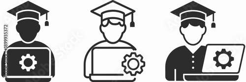 Graduation icons with people and laptops  education and technology