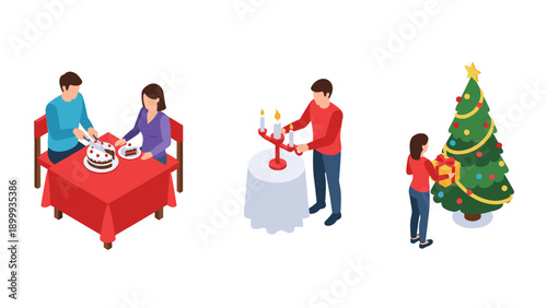 Festive holiday activities: dining, decorating, and gift giving in isometric style