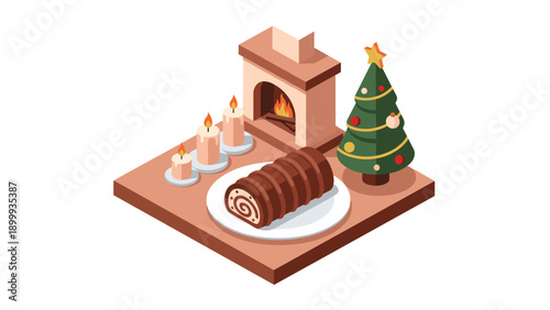 Festive christmas fireplace scene with yule log and tree in isometric style