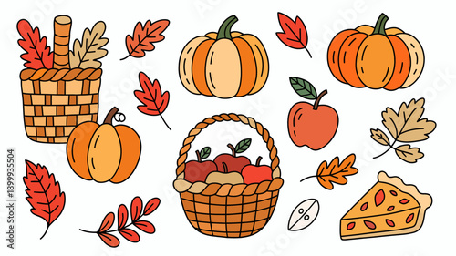 Autumn harvest icons with pumpkins apples baskets and leaves on white background