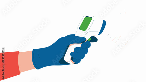 Hand in blue glove holding digital infrared thermometer gun  medical temperature scan