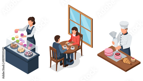 Bakery scenes with people enjoying coffee and pastries in isometric style
