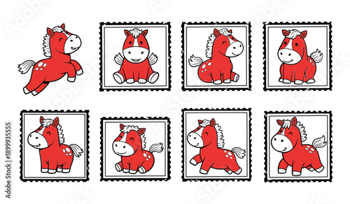 Cute cartoon red horses in different poses on postage stamp backgrounds pony equine
