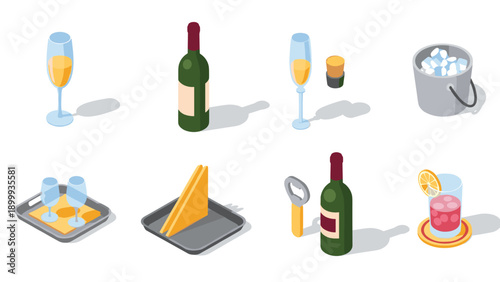 Isometric wine tasting set: glasses, bottles, tools, and ice bucket