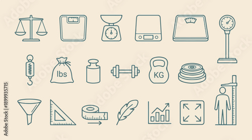 Measurement and weighing tools line art icon set on a light background