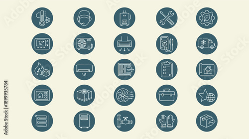 HVAC Heating, Ventilation, Air Conditioning Outline Icons Set