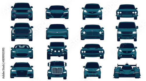 Front view illustrations of various automotive vehicles in flat design