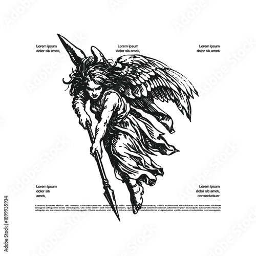 Vintage Engraving Style Illustration of a Valkyrie Goddess Descending with a Spear