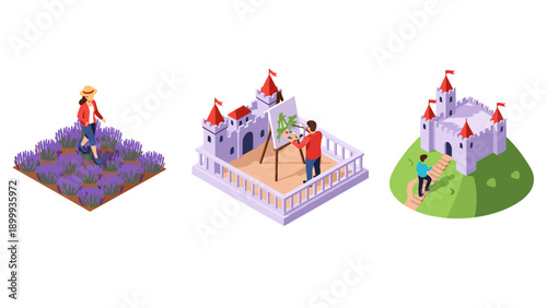 Isometric scenes of lavender field, art studio, and hilltop castle with people