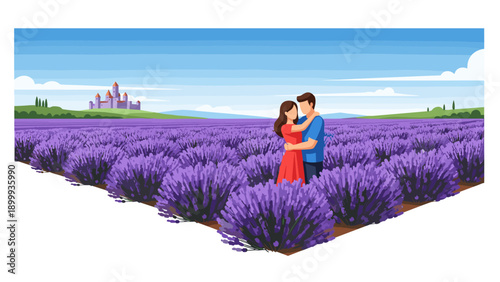 Romantic couple in lavender field with castle in background