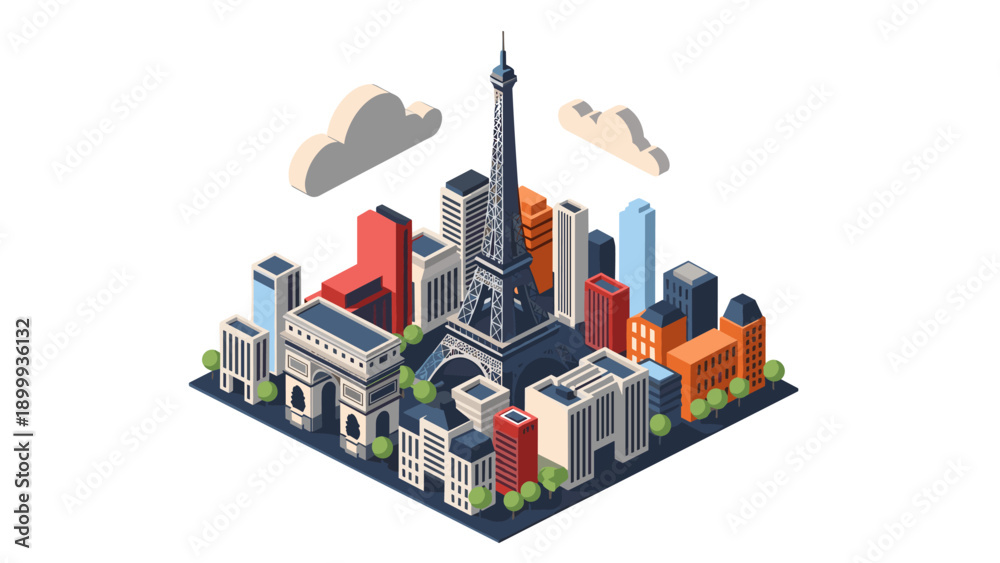 Obraz premium Isometric paris cityscape with eiffel tower and modern architecture