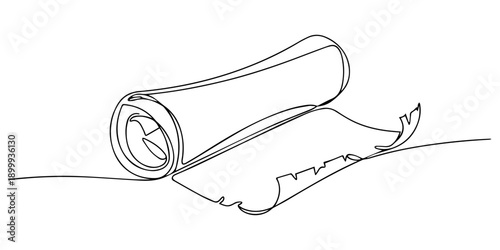 Old parchment scroll continuous one line drawing, Minimalist continuous line drawing of an ancient rolled parchment scroll on a white background, Papyrus Old paper, one line drawing continuous hand.