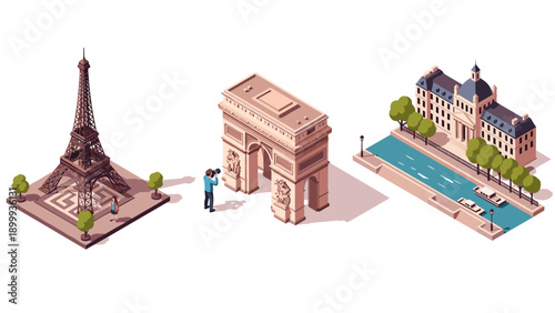Charming isometric paris landmarks with eiffel tower arc de triomphe seine river bank