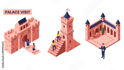 Isometric palace exploration with tourists and guide in pink architecture