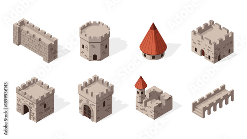 Isometric medieval castle elements collection with walls and towers