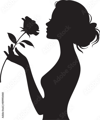 Black silhouette woman smelling a rose female profile