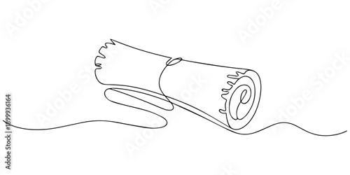 Old parchment scroll continuous one line drawing, Minimalist continuous line drawing of an ancient rolled parchment scroll on a white background, Papyrus Old paper, one line drawing continuous hand.