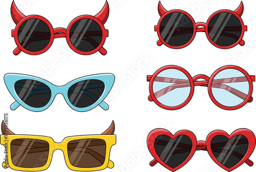 Collection of quirky cartoon sunglasses and eyewear icons including devil horns heart shapes and cat eye frames isolated on white background for summer parties and fashion design.