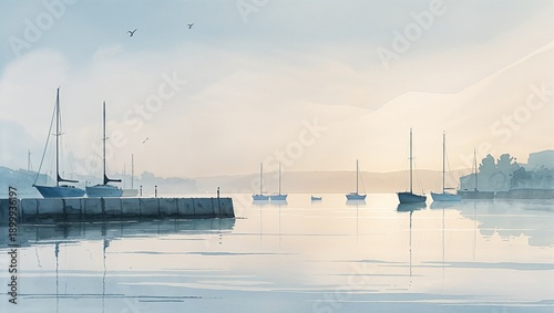 calm harbor with moored sailboats and soft morning haze watercolor illustration