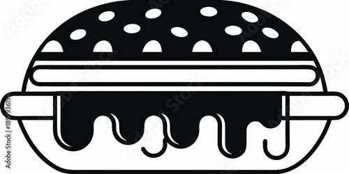 Simple black and white illustration of a classic cheeseburger with dripping cheese