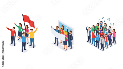 Isometric group activities: rallying, presentation, and musical performance in modern style