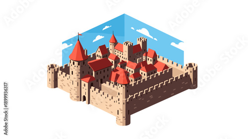 Medieval isometric castle with red roofs and turrets against blue sky