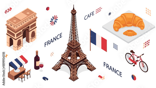 Parisian icons in isometric style with eiffel tower, croissant, and more
