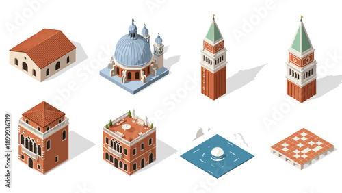 Isometric venetian architecture collection featuring iconic landmarks and traditional buildings