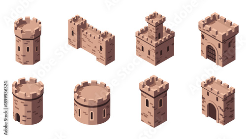 Medieval castle towers and walls isometric set for game design