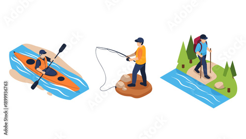 Adventure activities icons featuring kayaking, fishing, and hiking in isometric style