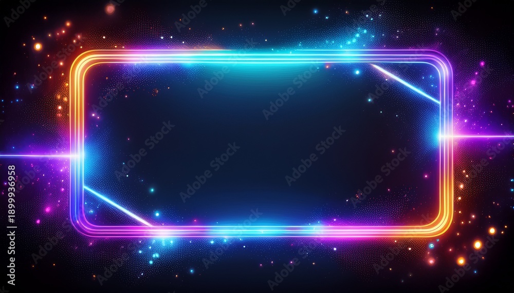 Obraz premium glowing rectangular frame with neon light gradient and sparkling particles against a dark background