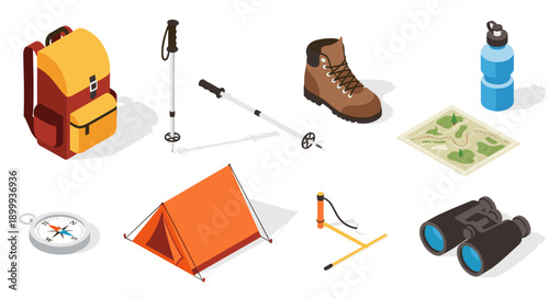 Isometric camping gear set with hiking tools, tent, and backpack